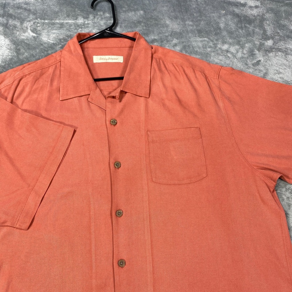 Tommy Bahama Shirt Men XL Orange 100% Silk Twill Short Sleeve Stripe Twill Beach